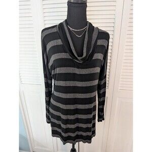WHBM Sweater Tunic Womens L Black Grey Striped Cowl Neck Whimsigoth Career Top
